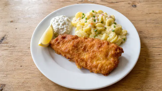 Backfisch mit Kartoffelsalat auf einem Teller