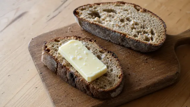 Bauernbrot mit Butter auf einem Teller