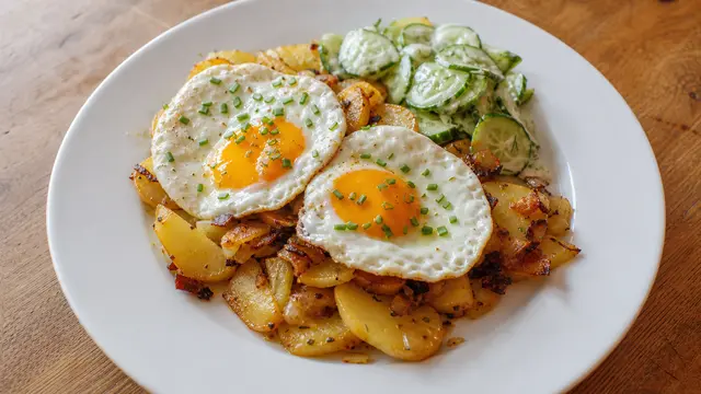 Bratkartoffeln mit Spiegelei auf einem Teller
