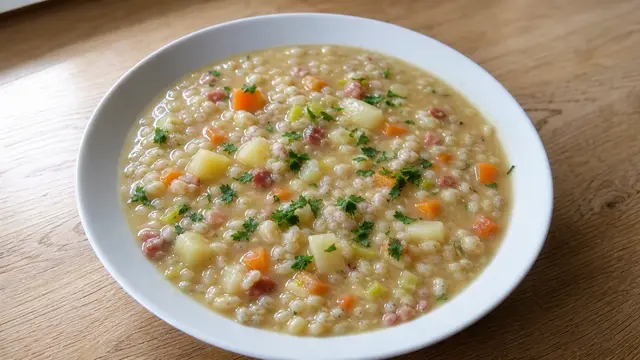 Graupensuppe auf einem Teller