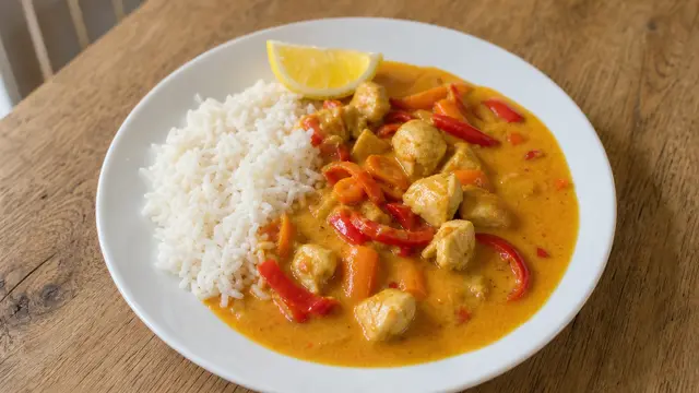 Hähnchencurry mit Reis auf einem Teller