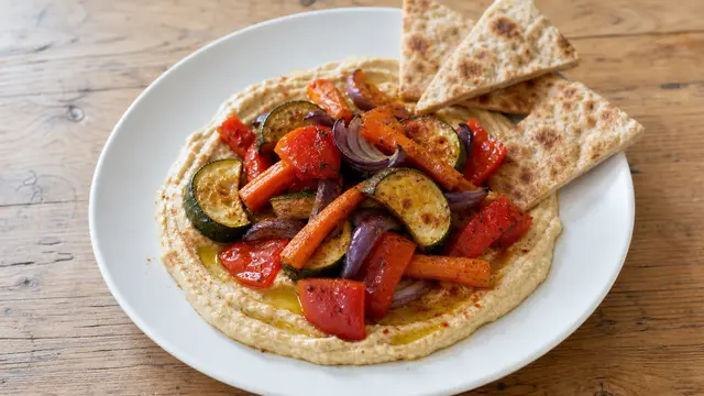 Hummus-Teller mit Ofengemüse auf einem Teller