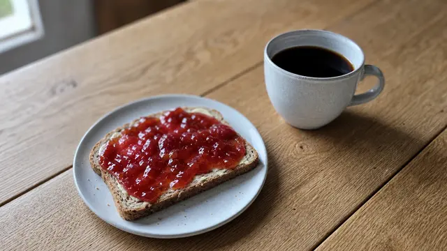 Marmeladenbrot und ein Kaffee auf einem Teller
