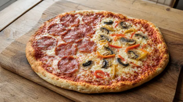 Pizza, selbst belegt auf einem Teller