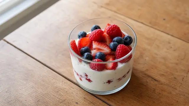 Quarkspeise mit Beeren auf einem Teller