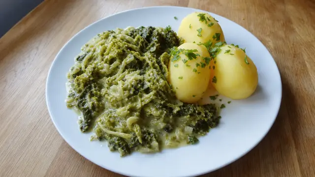 Rahmwirsing mit Salzkartoffeln auf einem Teller