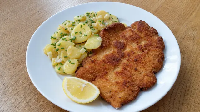 Schnitzel mit Kartoffelsalat auf einem Teller