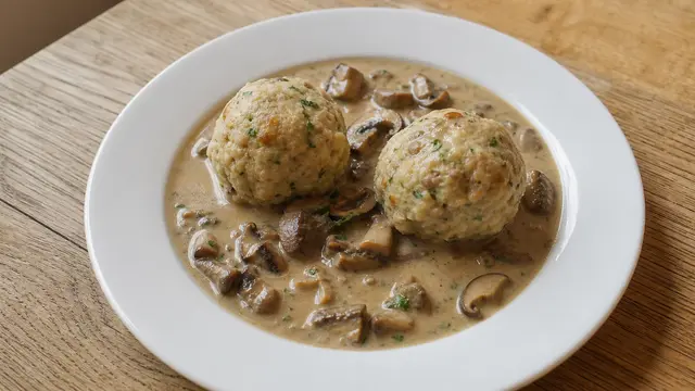 Semmelknödel mit Pilzrahmsauce auf einem Teller