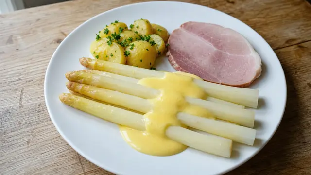 Spargel mit Sauce Hollandaise auf einem Teller