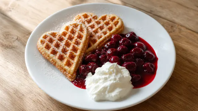 Waffeln mit Kirschen auf einem Teller