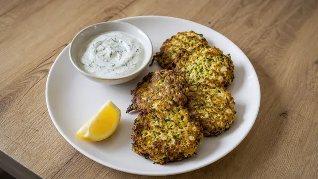 Zucchinipuffer mit Joghurt-Dip auf einem Teller