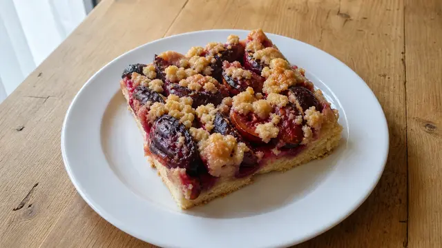 Zwetschgenkuchen vom Blech auf einem Teller